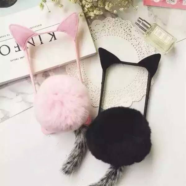 Acrylic Rex Rabbit Fur Ear Tail Plush Cell Phone Case Back Cover for iphone 7 6s Plus 5s