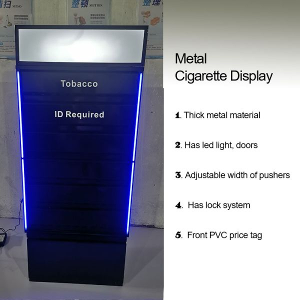 Customized Wall Metal Cigarette Display Stand With Top Light Box And Large Storage Cabinet