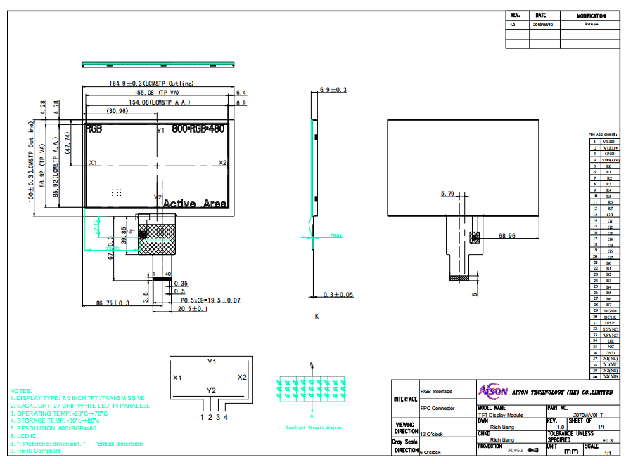 7 inch 800x480 Resistive Touch Screen Display 40 Pin Industrial Touch Screen Panel