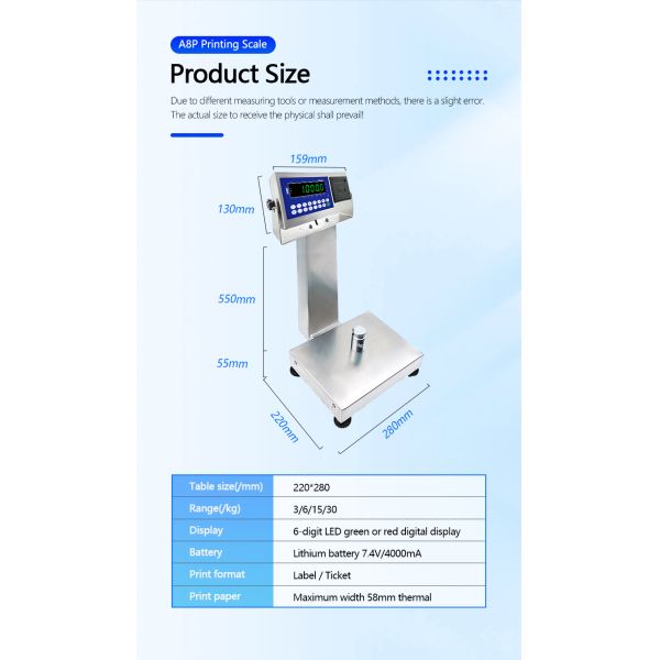 A8SP Printing Small Platform Scale with 6KG Capacity and 22cm*28cm Square Vertical Bar