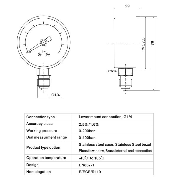 Bottom Mount CNG Pressure Gauge 50mm Linear 400 Bar Vehicles Fuel Tank