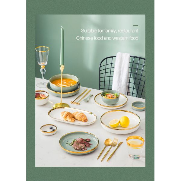 Nordic Luxury Style Ceramic Tableware Set Emerald Green With Gold Rim
