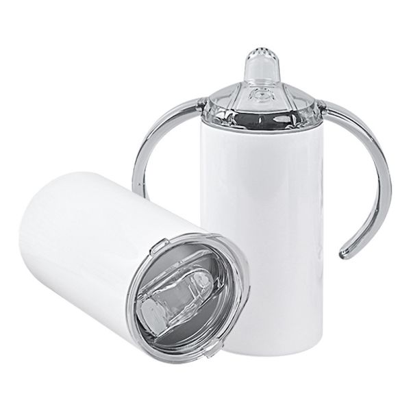 12oz Blank Stainless Steel Sublimation Tumblers Straight Sippy Cup With Straw Baby Feeding Bottle With Handle