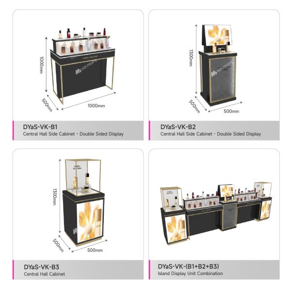 Beauty Shop Black & Gold Display Furniture Elegant Modern Minimalist Side Cabinet - Double-Sided Display for Central Hall in Cosmetic Store Interior
