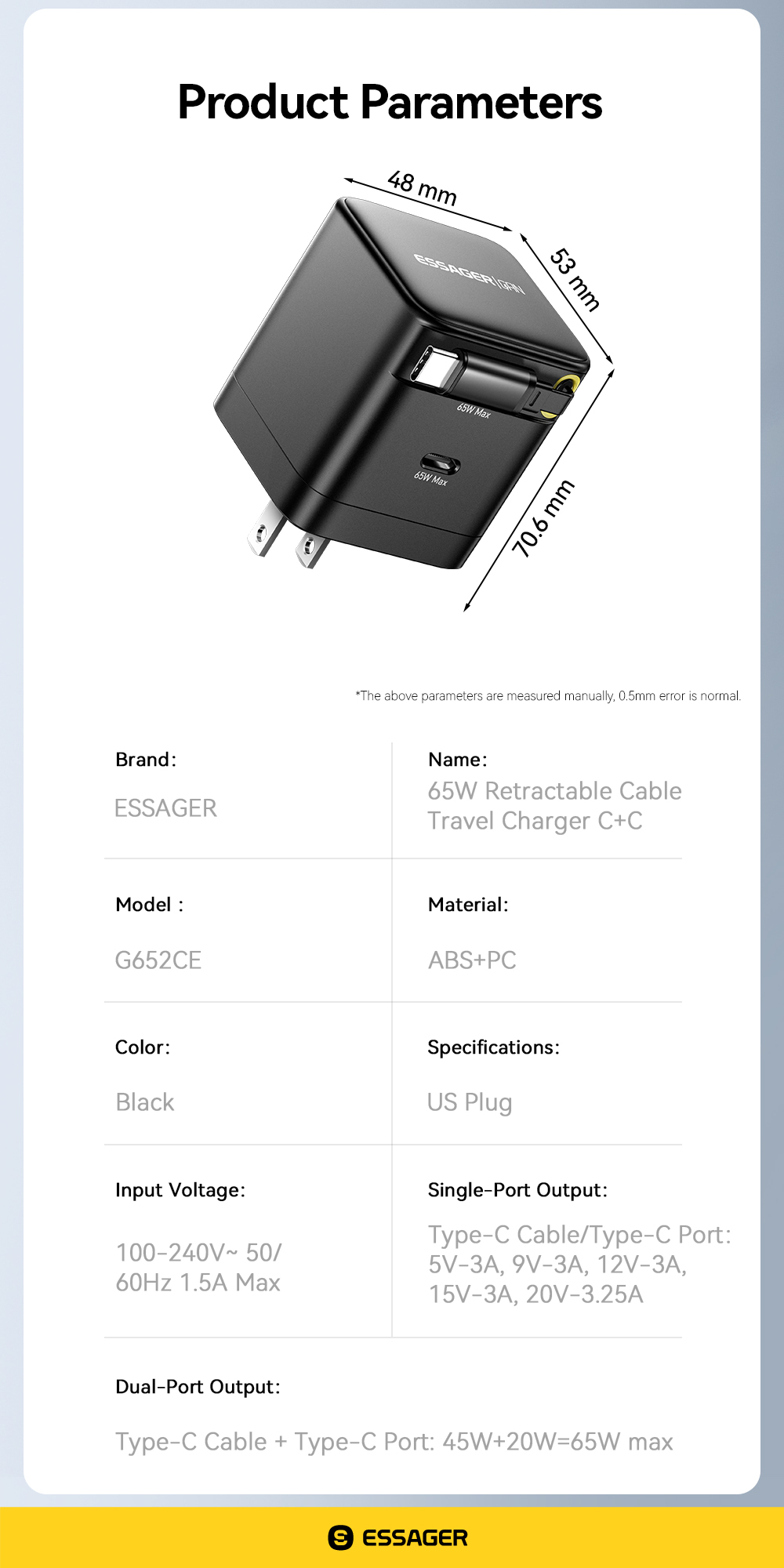 ESSAGER G652CU Series 65W Built-In USB-C Cable GaN USB-C Charger with PPS Function and 100-240V/1.5A Input