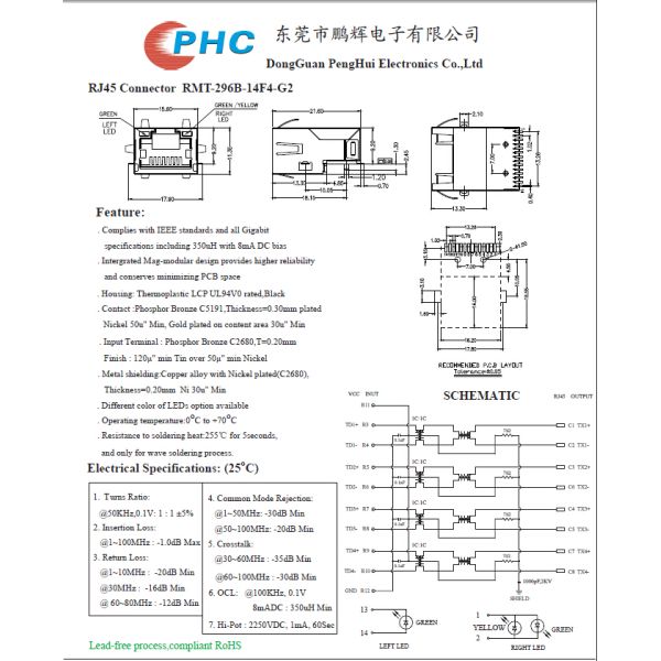 21.6MM Single Port SMD Low Profile RJ45 Jack With 10 / 100 / 1000 Transformer And LED