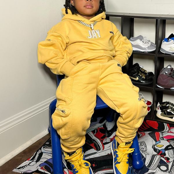 3d Embroidery Zip Up Hoodie And Cargo Pants Slim Fit Kids Sweatsuit Set