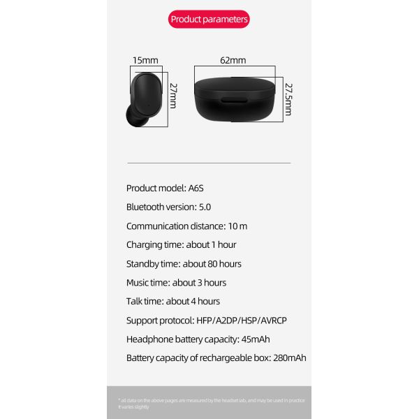 Portable A8S BLE Waterproof Wireless Earphones 280mAh battery