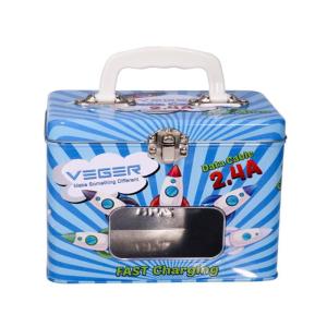 China High Quality Rectangle Shape Suitcase Tin Box with Handle Custom Metal Lunch Box with Handle with Window Packaging Box wholesale