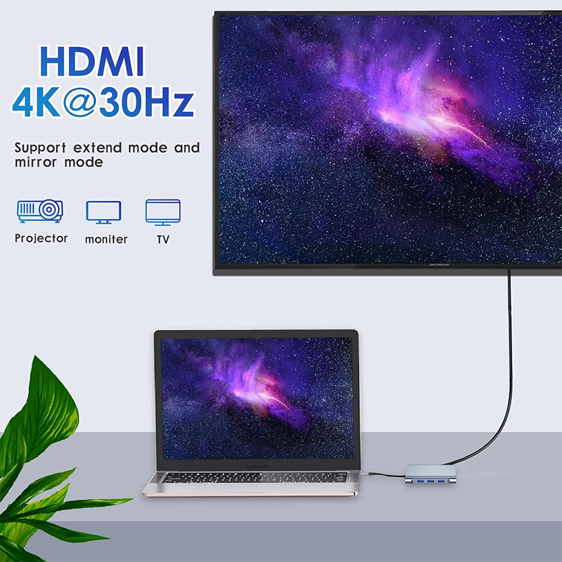Multi Function 8-In-1 USB-C USB C Docking Station with Dual 4K HDMI and 2 HDMI Ports Gray