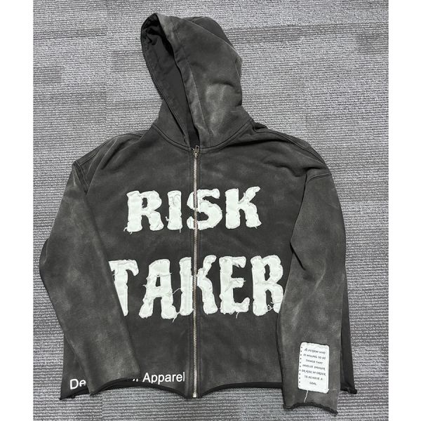 Custom Men's Heavy Weight 400 gsm Vintage Acid Wash Zip Up Hoodie with Embroidery Patch