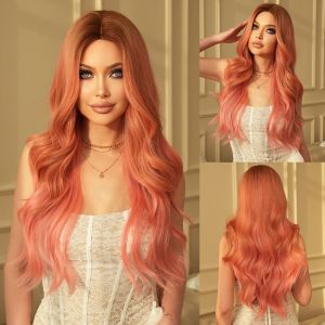 China Fashion Long Body Wave Dark Root Hair Pink Synthetic Wigs For Women wholesale