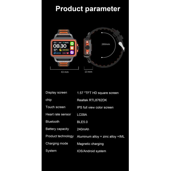 Lightweight 40g Rectangular Shape Smart Watch With 1.57 Inch TFT HD Screen