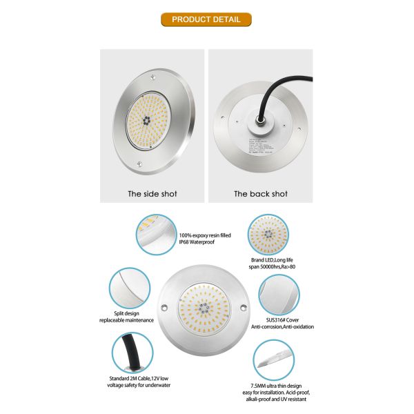 Waterproof PAR56 LED Pool Light 316 SS ABS housing Ultra Thin 7.5mm Resin Filled Wall Mounted 230MM 18W 25W DC AC12V