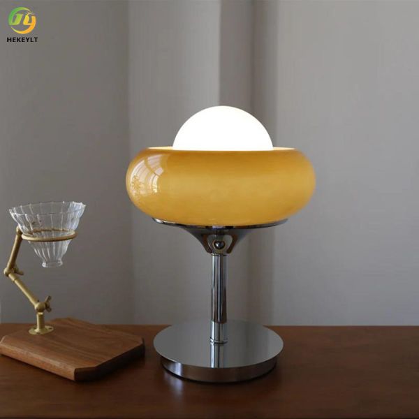 LED Yellow Metal Glass Bedside Table Lamp Bauhaus Egg Tart Shape 40W