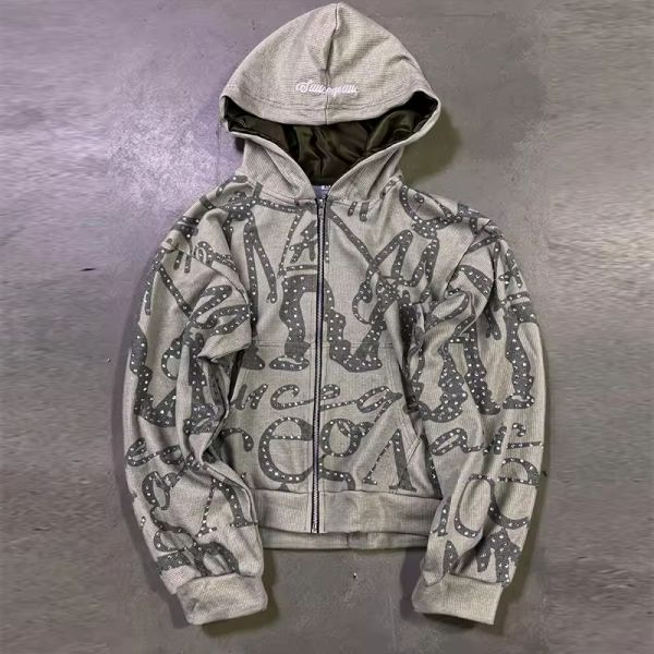Streetwear Waffle Stain Lining Zip up Hoodie Custom Manufacturer Boxy Crop Oversized Fit French Terry Rhinestone Hoodies for Men