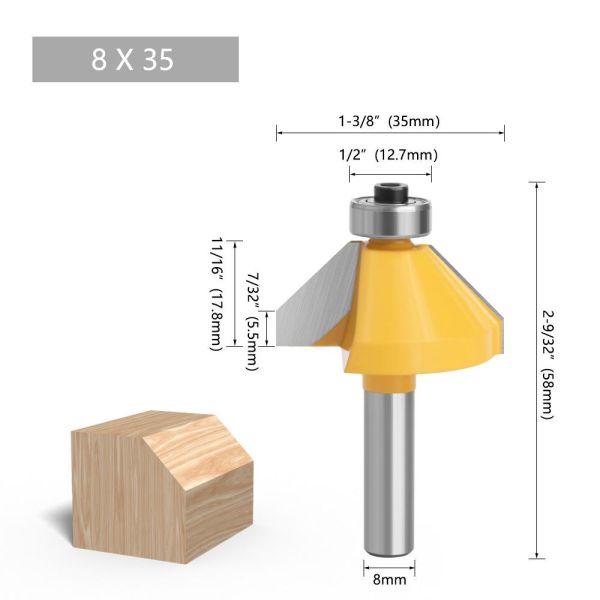 YingBa Professional Tool Manufacturer 8mm Shank 45 Degree Carbide Bevel Edge Trimming Bits for Wood Woodworking Bits