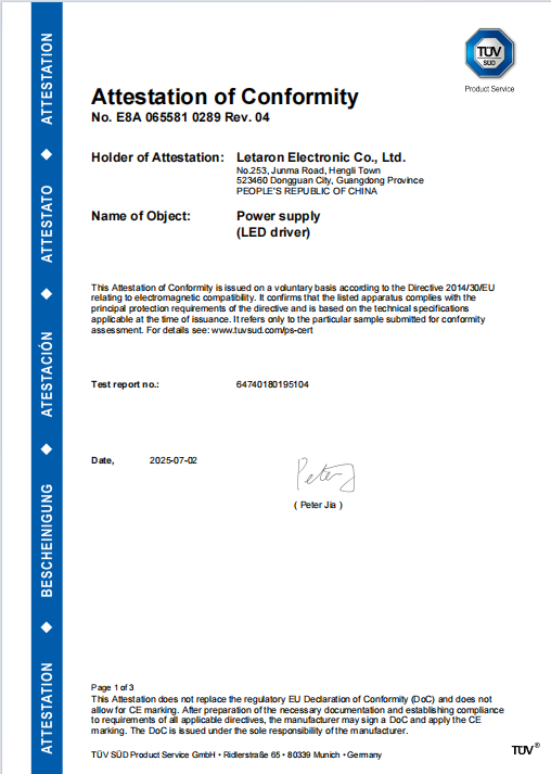 Dongguan Letaron Electronic Co. Ltd. Certifications