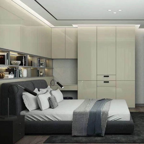 Solid wood auto swing door wardrobe in white shaker design