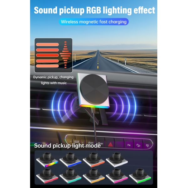 Iphone Car Charger Super Strong Magnetic Suction 360-Degree Rotation Wireless 9-Color RGB Light Fast Charging