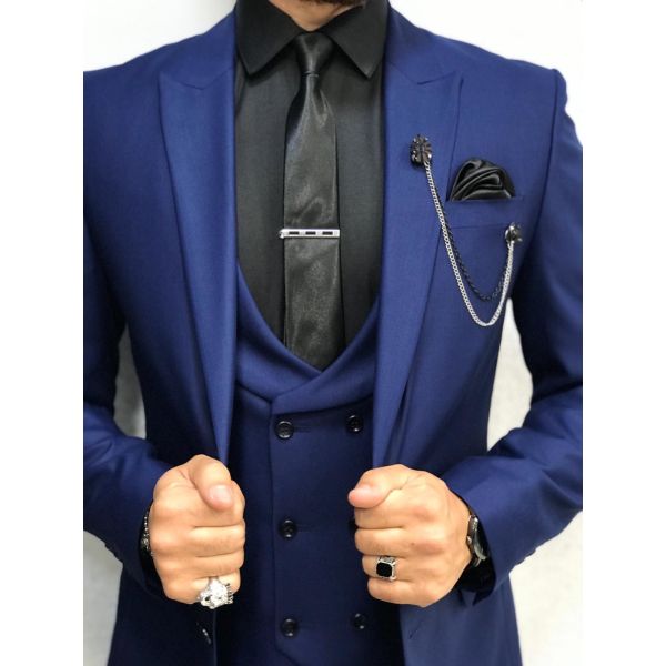 Navy Blue Custom Mens 3 Piece Tuxedo Suit For Groom'S Wedding