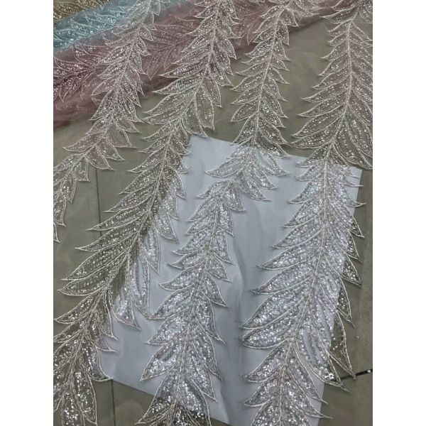 Blue Shiny Embroidered Leaf Lace Fabric With Beads And Sequins 120CM Width