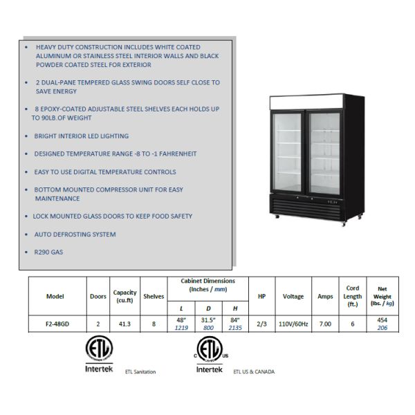 Single Temperature 2 Glass Door Freezer Merchandiser 110V 60HZ 7A