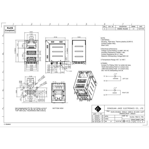 USB3.0 Dual Port Stacked Cat5 RJ45 Female Connector Socket With 10/100/1000 Base-T Transformer