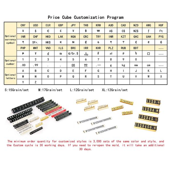 140 pcs The 5*3mm price cubes are made from black glossy plastic and have embossed white lettering