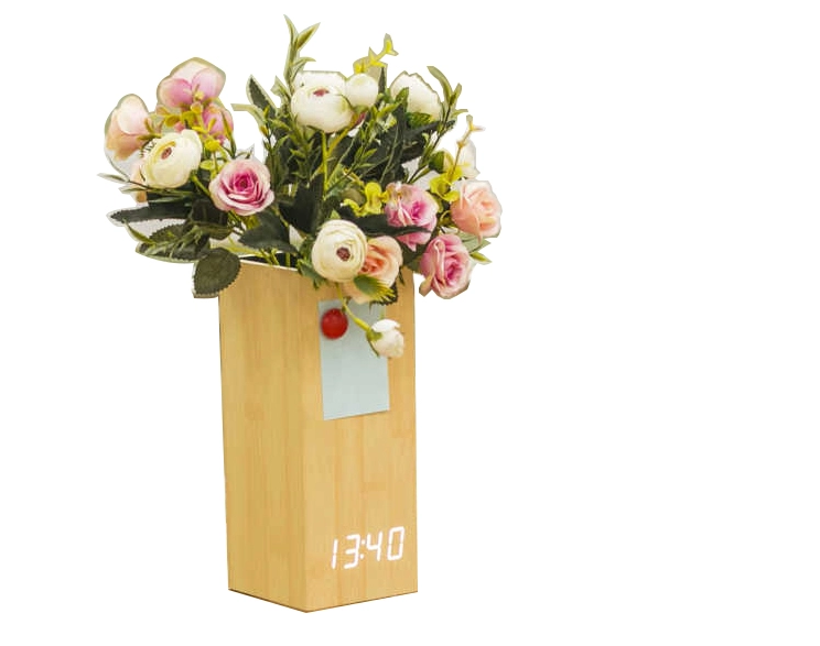 Wooden Digital LED Clock with Flowerpot Beautiful Home Decorative