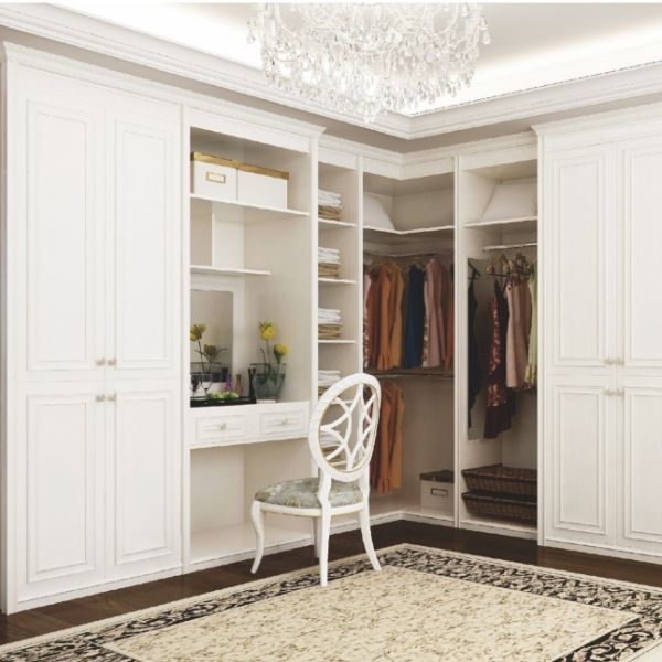 Close-up view of walk-in closet's adjustable shelving system