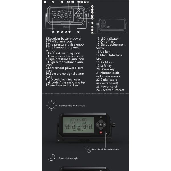 Motorhome Trailer Digital Tire Pressure System Display External Sensors with Waterproof Reapter