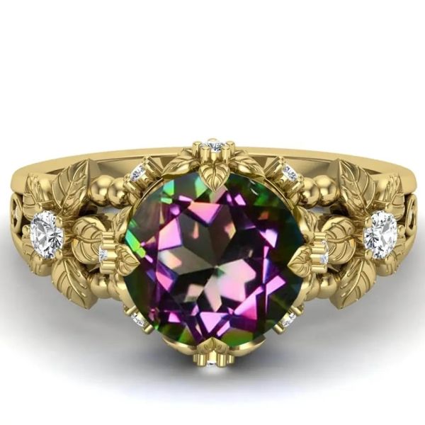 14K Gold Plated Sterling Silver Vintage Art Round Cut Mystic White Topaz Gemstone Engagement Rings