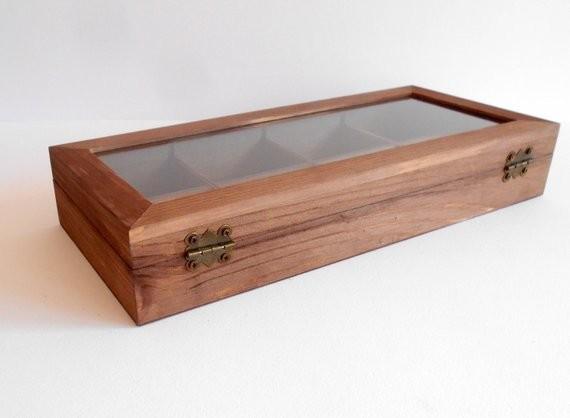 Wooden tea display box with glass lid- jewelry box- for small tea bags- Mahagony colored bamboo wood-8 compartments box