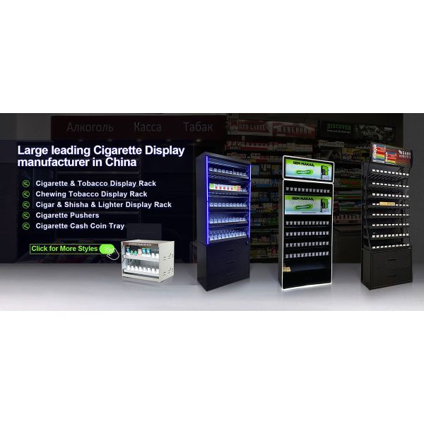 Customized Wall Metal Cigarette Display Stand With Top Light Box And Large Storage Cabinet