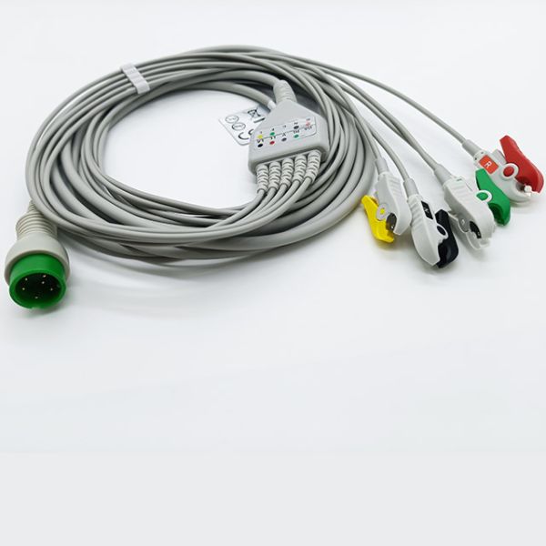 Round 6 Pin 98ME01AA054 Monitor ECG Cable 5 Leads Grabber Ends