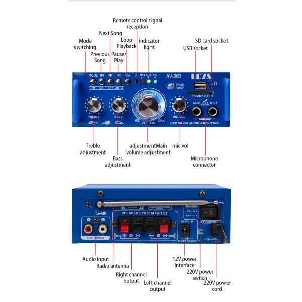 AV-263BT 2.0 Channel 120W HiFi Mini BT Wireless Home & Car Amplifier 110V/220V 12V MP3 Player Receiver