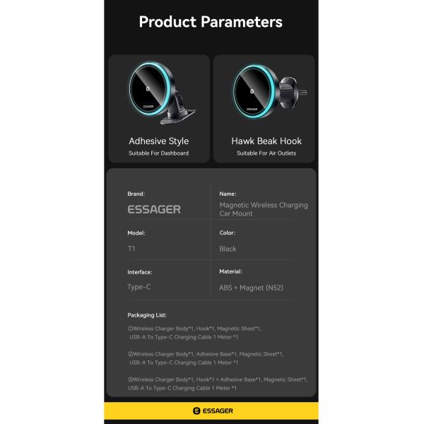 Magnetic 15W Wireless Charging Air Vent Car Mount Phone Holder ESSAGER T1